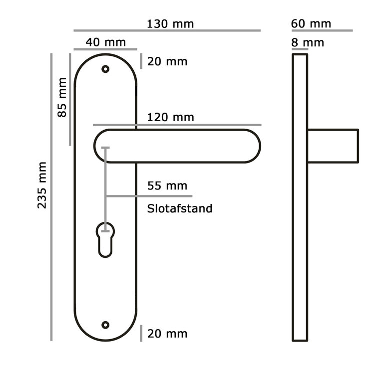 Sofia deurklink - op schild - mat zwart - complete set afmeting 55mm