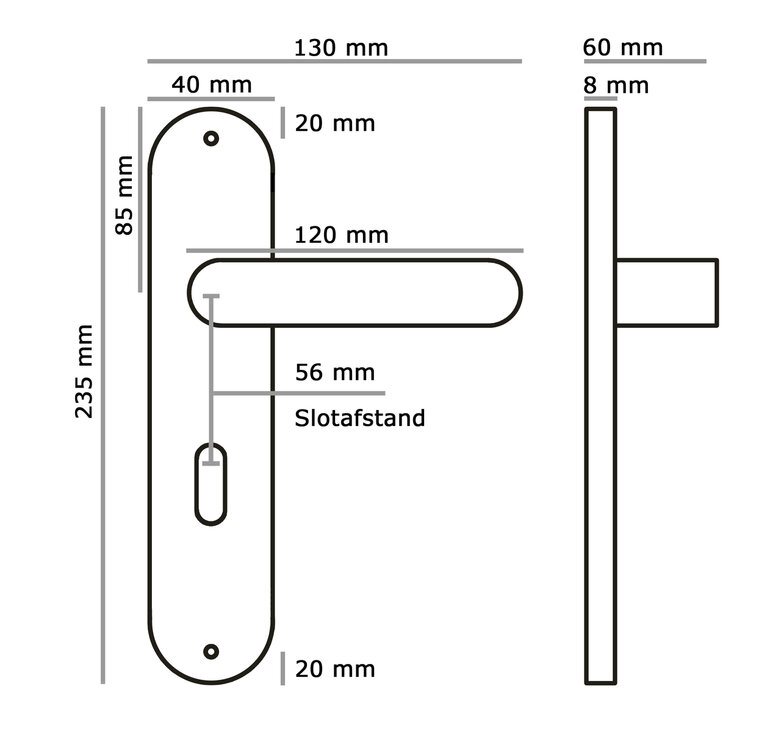 Sofia deurklink - Baardsleutel - mat zwart - complete set afmeting 56mm