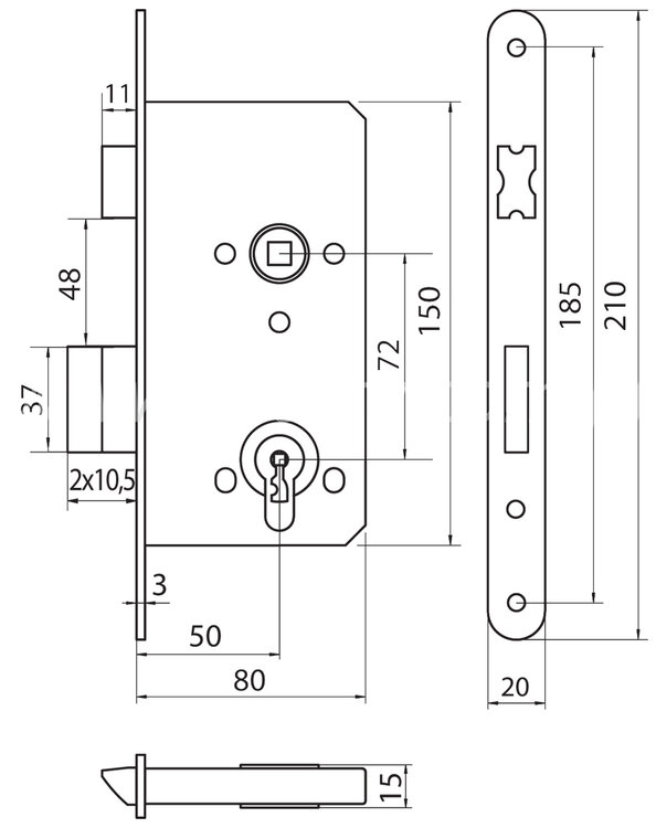 Insteekslot WC / Badkamer 72mm - zwart afmeting