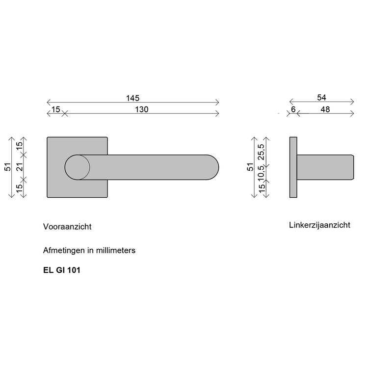 ELIOT Slim Line GIVERNY - deurklink set - dun vierkant rozet - afmetingen