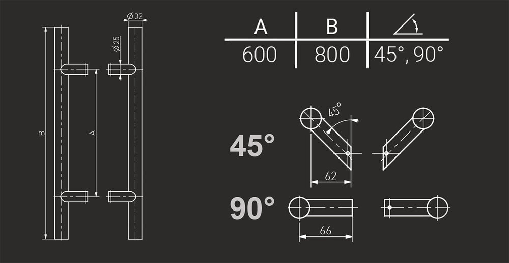 Deurgreep set - 80cm - diameter 32mm - mat zwart - T model  - afm