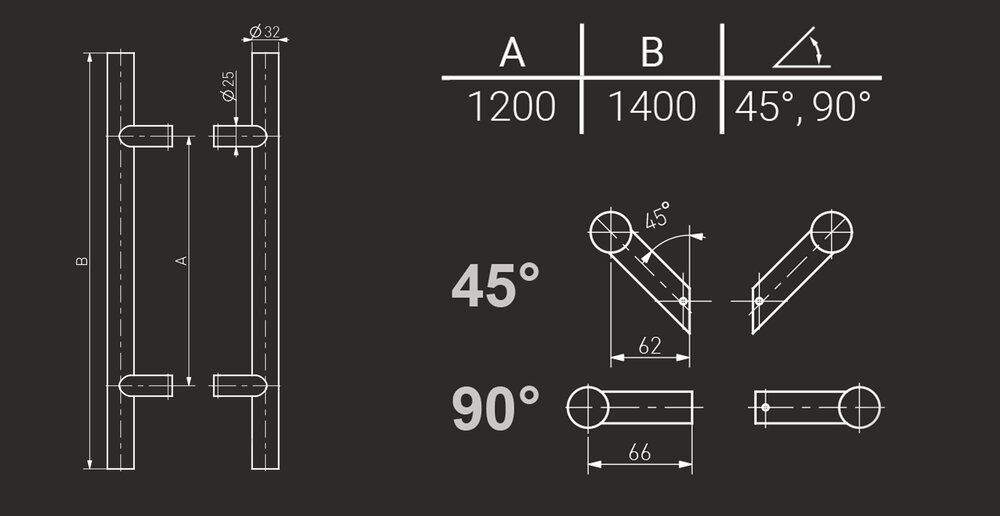 Deurgreep set - 140cm - diameter 32mm - mat zwart - T model  afmetingen