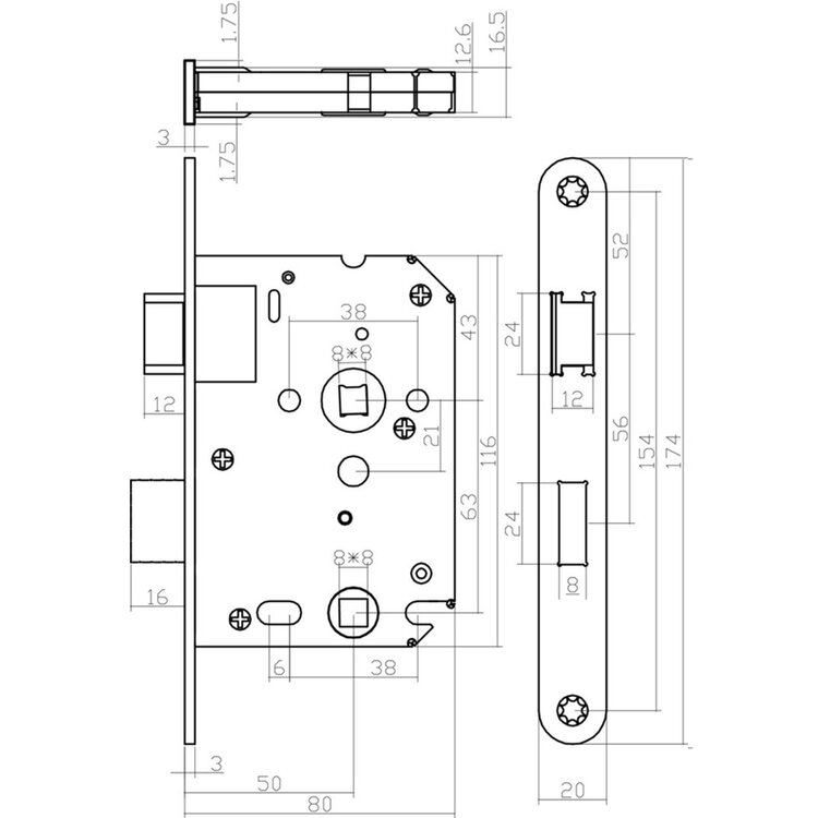 Insteekslot WC / Badkamer 63mm - afmeting