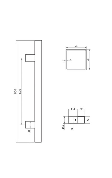 Deurgreep set - 80cm - 90&ordm; - 40x40mm - RVS - T model 