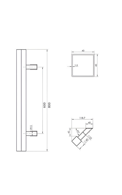 Deurgreep set - 80cm - 45&ordm; - 40x40mm - mat zwart - T model 