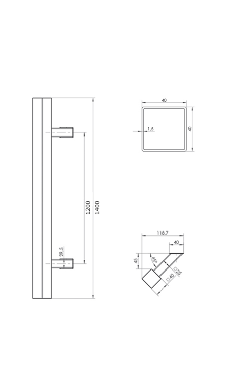 Deurgreep set - 140cm - 45&ordm; - 40x40mm - mat zwart - T model 