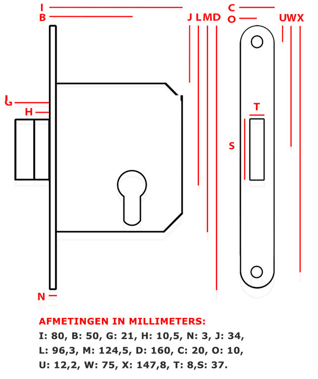 Bijzetslot profielcilinder - RVS - afmeting