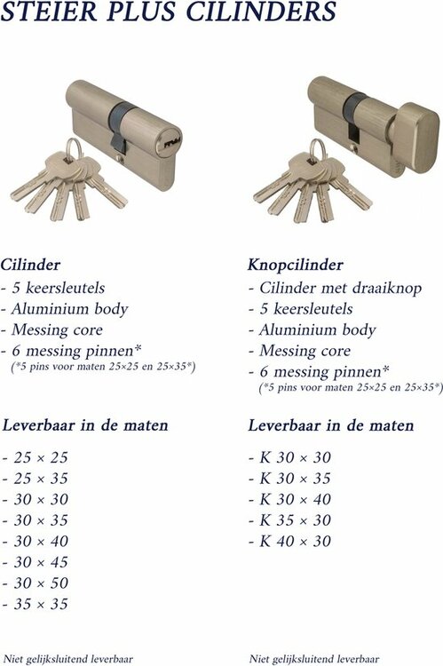 Steier cilinderslot nikkel 30/50 - incl. 5 keersleutels - deurcilinder nikkel